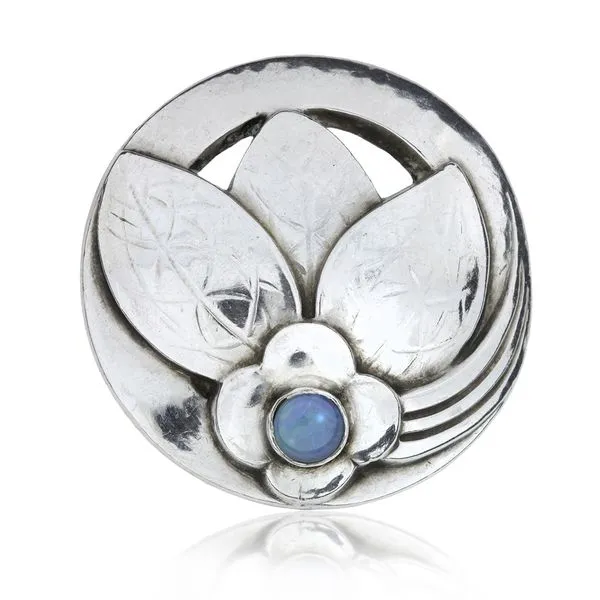 Georg Jensen Sterling Silver Circular Floral Brooch #127 with Moonstone